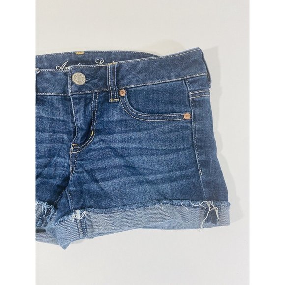 American Eagle Womens Jean Shorts Sz 2 Stretch Denim Cuffed Booty Mini Raw Hem - Picture 3 of 8
